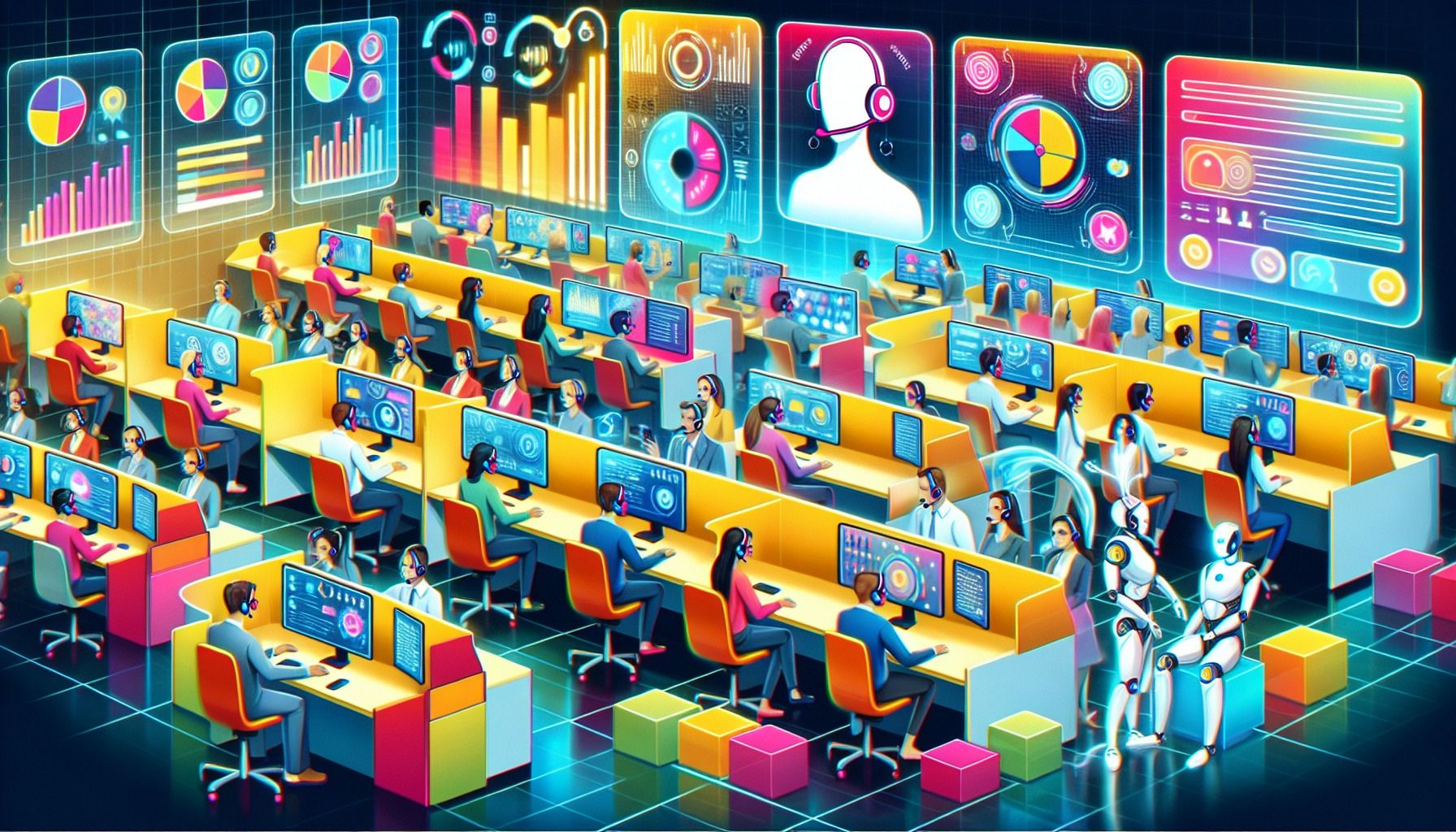 An illustration depicting the role of real-time AI in contact centers, showcasing AI technology assisting call center agents.