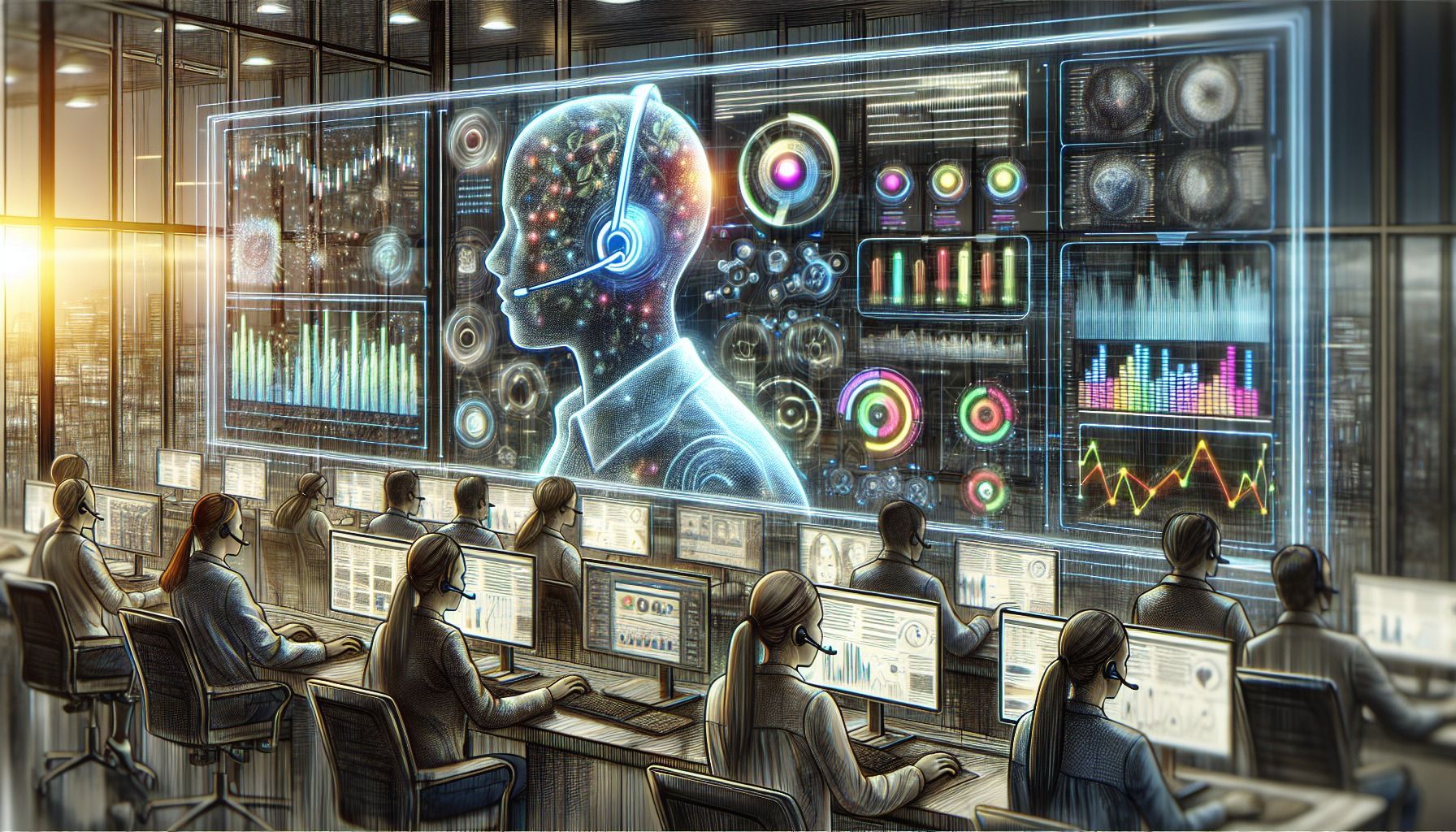 A drawing showcasing real-time AI-powered quality assurance processes in a contact center.