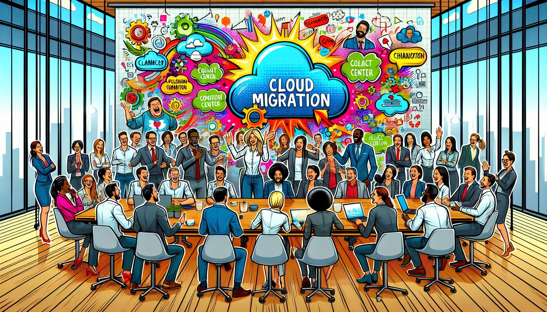 An illustration depicting a business meeting discussing cloud migration strategies.