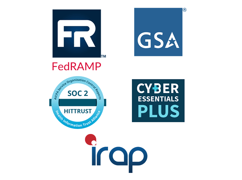 FedRAMP, GSA, SOC 2, Cyber Essentials Plus, and IRP logos